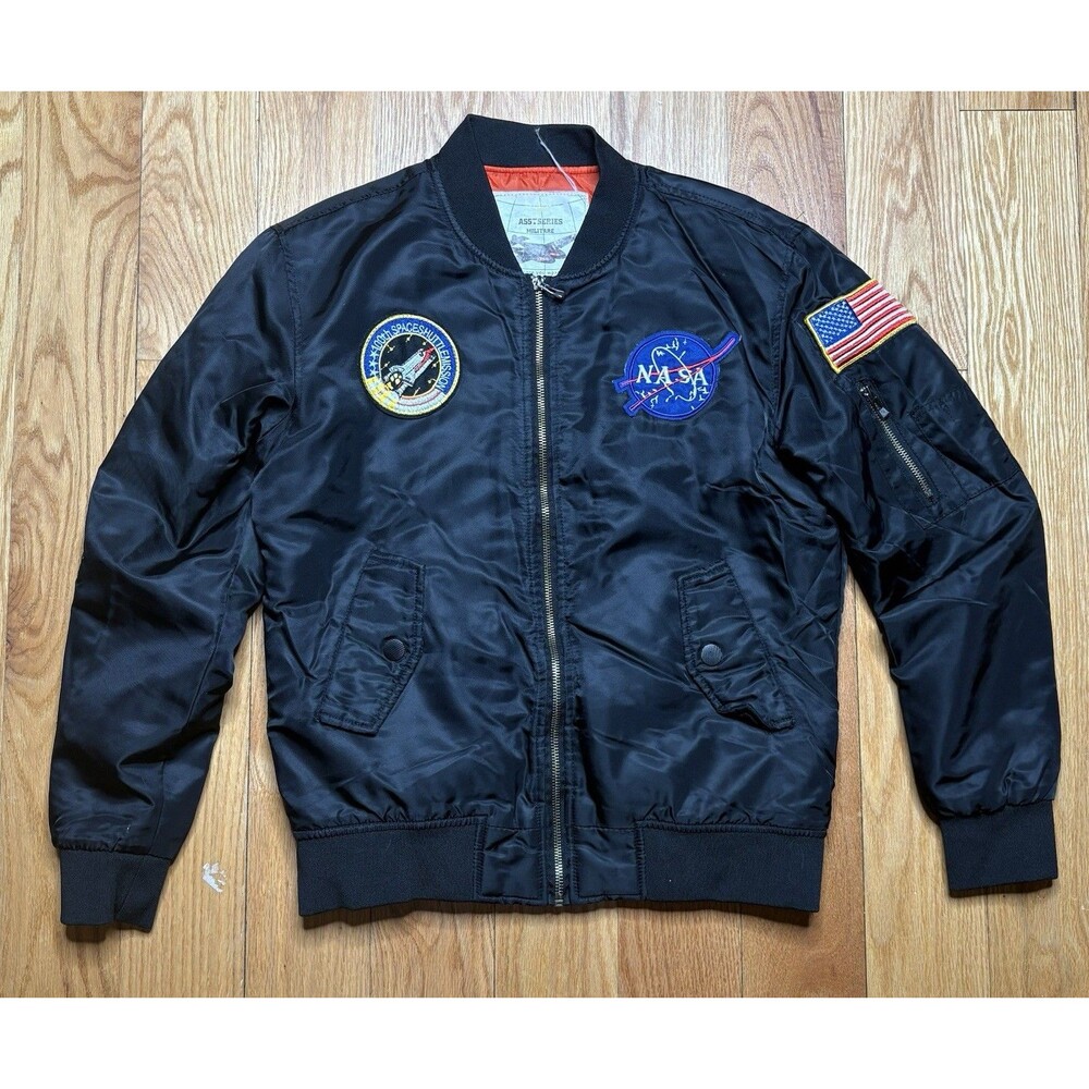 Asstseries Militare Bomber Jacket NASA 100th Space Mission Patch Sz Medium Black